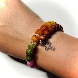 🆕 Glass & Wood Bohemian Mixed Media Beaded Charm Wrap Bracelet